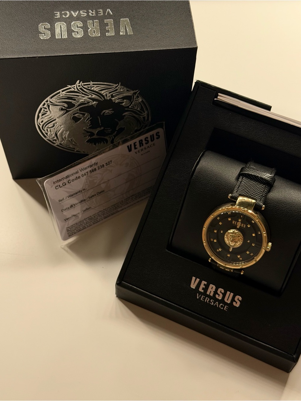 Versus Versace Black and Gold Medusa Dial Leather Strap Watch